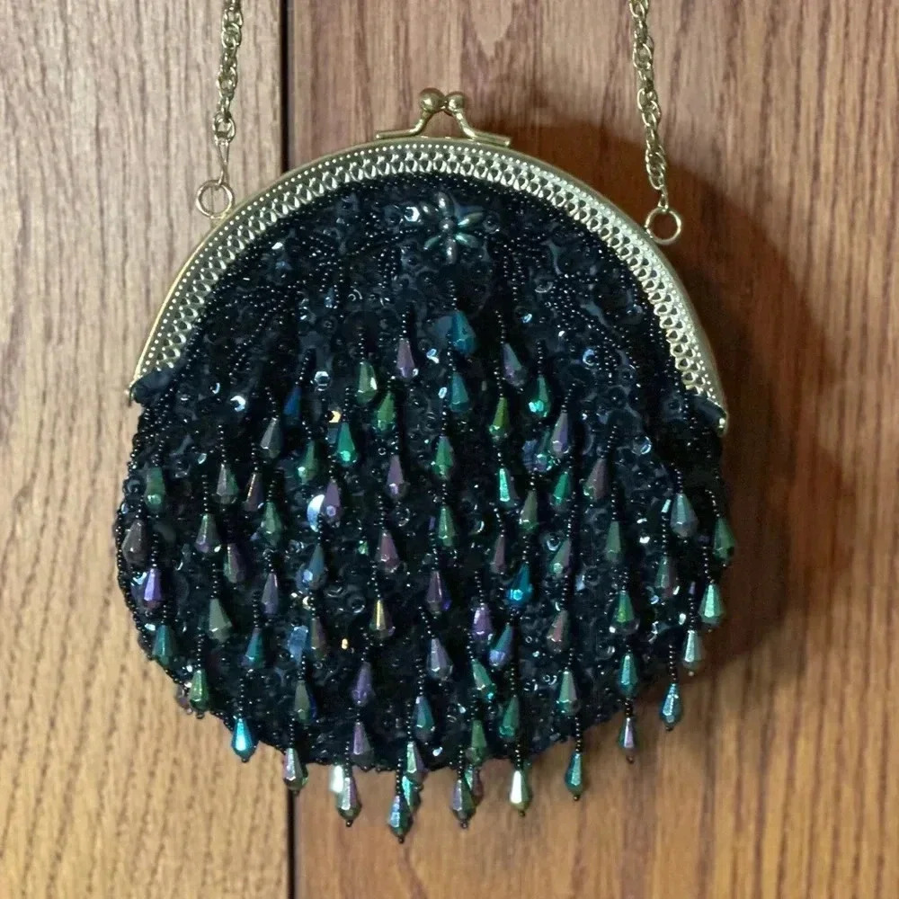Vintage Black Dangle Bead And Sequins Iridescent Evening Bag Kiss Lock Closure - Picture 3 of 14